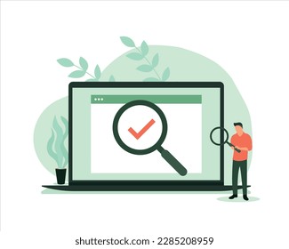 Konzept und Illustration Ein Typ mit einer großen Lupe sucht nach Informationen, die in einer Suchmaschine gegeben werden, und tippt die Anfrage in die Adressleiste des Browsers ein. Internet-Surfen auf einem Laptop. Job 