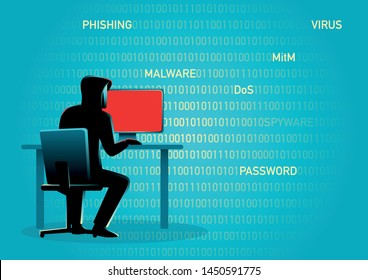 Concept illustration of a hacker behind desktop computer.