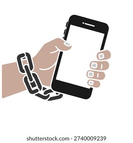 Concept illustration of a hand chained to a smartphone symbolizing nomophobia, mobile addiction, digital dependency, and modern technology overuse isolated on background.