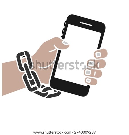 Concept illustration of a hand chained to a smartphone symbolizing nomophobia, mobile addiction, digital dependency, and modern technology overuse isolated on background.