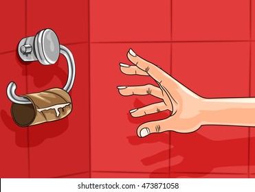 Concept illustration of Hand reaching for empty toilet paper roll