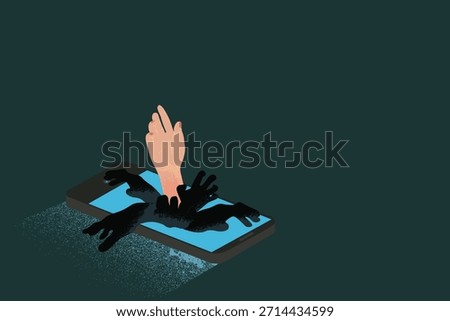 Concept illustration of a hand trapped by a smartphone, symbolizing mobile phone addiction and dependency.