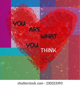 concept illustration  with hand written text, leaf, textured and aged red heart and abstract matted background. Self development poster. Vector EPS 10. Image contains transparency.