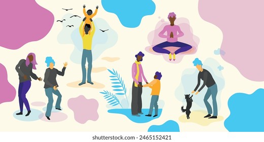 Concept illustration of happy people having fun relaxing in the park outdoor caring about relationships health and wellbeing