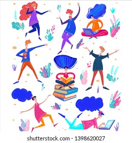 Concept illustration of Happy student, Summer holidays education, Campus, Friendship, Self-education and knowledge