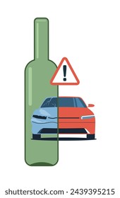 Concept illustration of the harm of drinking alcohol while driving. Bottle and broken car. Vector flat style illustration.