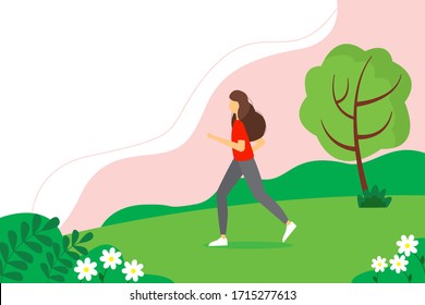 Concept illustration for healthy lifestyle, exercising, jogging. Woman running in the park. Cute vector illustration in flat style.