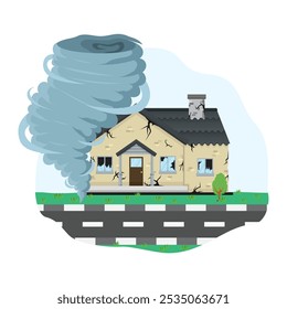 ilustração conceitual de uma casa danificada como resultado de ser atingida por um vento ou tornado em rotação, ilustração de vetor de estilo plano.