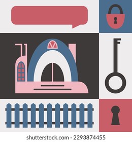 Concept illustration of a house in the form of an abstract snail house. Cloud for text. Illustration in graphic geometric style. A set of vector images with the theme of housing. Key with padlock.
