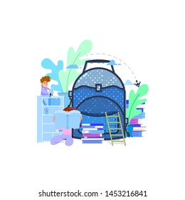 Concept illustration of a huge school backpack and around children read books - metaphor. Back to school.