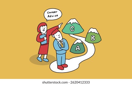Concept illustration of human resource introduction business. Businessman consulting a career advisor about changing jobs
