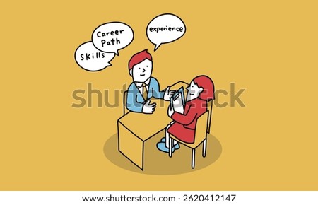 Concept illustration of human resource introduction business. Businessman consulting a career advisor about changing jobs
