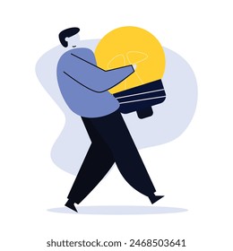 concept illustration of ideas and creativity, man carrying a light bulb