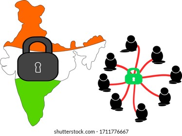 Concept illustration of India under lockdown with Indian map with lock symbol. Coronavirus outbreak. Prohibited people from leaving the Indian country.