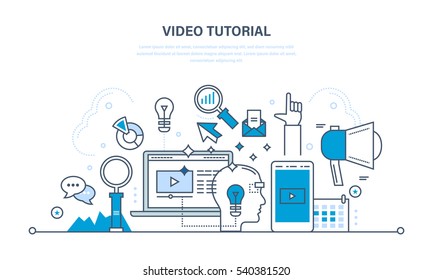 Concept of illustration - information technology, promo, media, learning and education. Illustration thin line design of vector doodles, infographics elements.