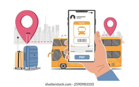 Concept illustration of intercity bus transportation. Buying a ticket online on your smartphone. Vector illustration.