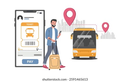 Concept illustration of intercity bus transportation. Man buying a ticket online on your smartphone. Vector illustration.