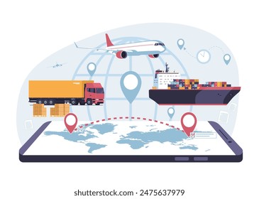 Ilustración conceptual del transporte internacional por diferentes modos de transporte. Ilustración vectorial.