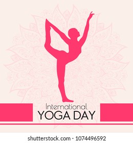 Concept illustration for the International Yoga day with beautiful mandala and asana natarajasana pose silhouette.