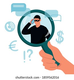 Concept illustration of internet crime, social media fraud. Hand with a magnifying glass over a criminal calling on a smartphone. Vector flat illustration isolated on white background