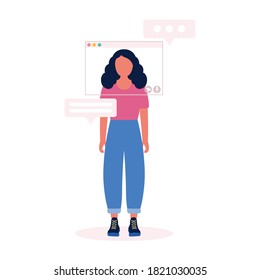 Ilustración conceptual de la tecnología de internet. Marcos de ventana virtuales. Ilustración de videollamada de conferencia, videollamada a un amigo, estudiar en línea, reunión de negocios. Ilustración de vector plana colorida.
