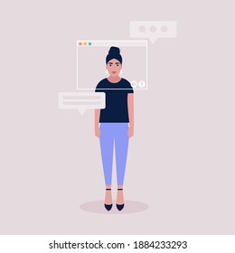 Ilustración conceptual de la tecnología de internet. Marcos de ventana virtuales. Ilustración de videollamada de conferencia, videollamada a un amigo, estudiar en línea, reunión de negocios. Ilustración de vector plana colorida.