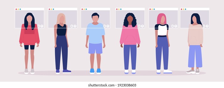 Concept illustration of internet technology. Virtual window frames. Illustration of conference video call, video call to a friend, study online, business meeting. Colorful flat vector illustration.
