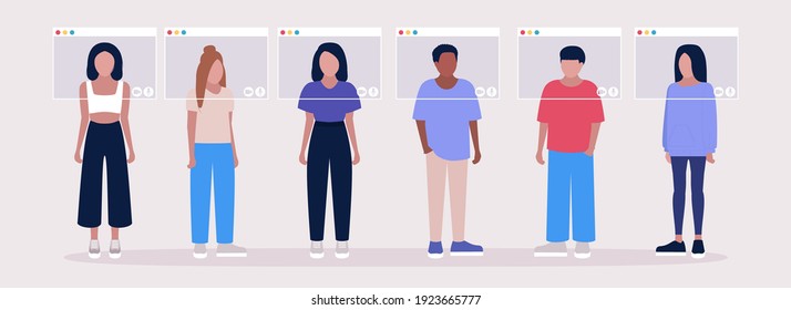 Concept illustration of internet technology. Virtual window frames. Illustration of conference video call, video call to a friend, study online, business meeting. Colorful flat vector illustration.