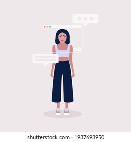 Concept illustration of internet technology. Virtual window frame. Illustration of conference video call, video call to a friend, study online, business meeting. Colorful flat vector illustration.