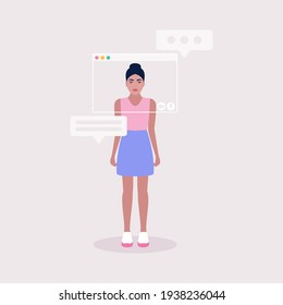 Ilustración conceptual de la tecnología de internet. Marco de ventana virtual. Ilustración de videollamada de conferencia, videollamada a un amigo, estudiar en línea, reunión de negocios. Ilustración de vector plana colorida.