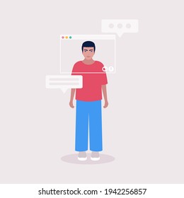 Concept illustration of internet technology. Virtual window frame. Illustration of conference video call, video call to a friend, study online, business meeting. Colorful flat vector illustration.