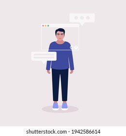 Concept illustration of internet technology. Virtual window frame. Illustration of conference video call, video call to a friend, study online, business meeting. Colorful flat vector illustration.