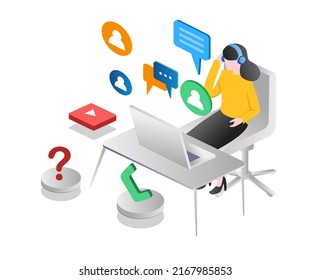 Concept illustration of isometric customer service online discussion on computer with a headset