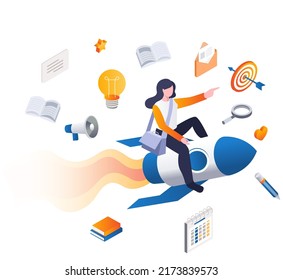 Concept illustration of isometric female student riding a rocket