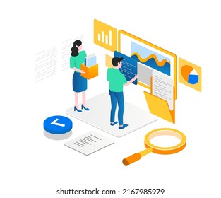 Concept illustration of isometric team analyzing data