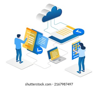 Concept illustration of isometric team maintaining smartphone app