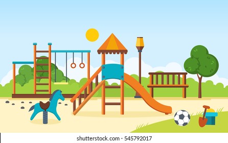 Concept illustration - kids playground, entertainment in the form of horizontal bars and swings, recreation park, children's toys. Vector illustration. Can be used as banners, commercial materials.