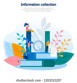 Concept illustration of knowledge and information collection, data analysis, resource search, information management. Colorful flat vector design
