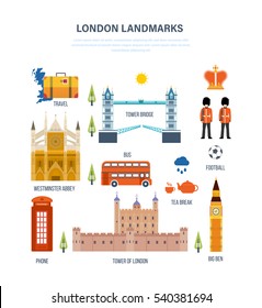 Concept of illustration - landmarks of London, its architecture and structure, culture and style, traditions and buildings. Vector design for website, banner, printed materials and mobile app.