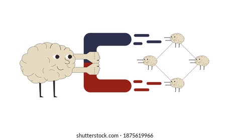 A concept illustration with a large Central character - the brain attracts other brains with a magnet.
