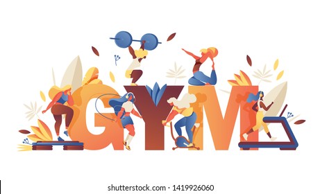 Concept illustration with large word gym and girls doing sport training, leaves and greenery isolated on white background. Creative lettering with contemporary characters