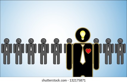 Concept Illustration of Leadership: a row of candidates or employers or people with question marks in their head standing behind a bright passionate leader standing in front