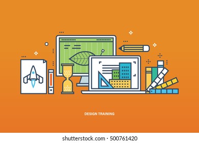 Concept of illustration - learning design, tools for the implementation of work, education and technology. Vector illustration for website, banner, printed materials and mobile app.