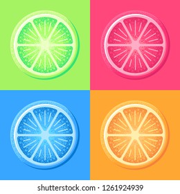 Concept illustration of lemon pieces, modern pop style. Bright acid colors. 