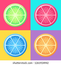 Concept illustration of lemon pieces, modern pop style. Bright acid colors fruits on bright background.