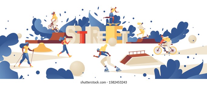 Concept illustration with lettering 3d letters street and different outdoor park activities like roller skating, bmx bike riding, training on scooter, nordic walking. Different women doing sport
