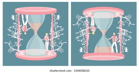 Concept illustration in light, delicate colors representing good looking, trendy man and woman standing on the big hourglass with stylized hearts instead of sand grains. 