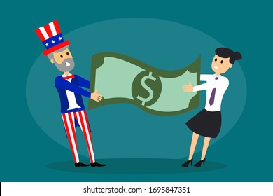 Concept illustration of little Uncle Sam and woman struggling for dollar bill on blue background