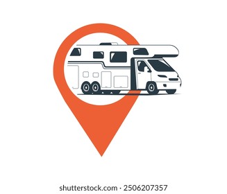 Concept illustration of a logo with a camper van. Camper van inside navigation sign. Vector illustration.