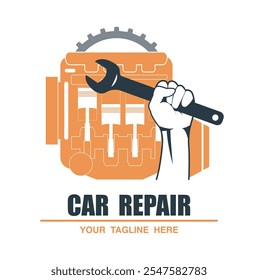 Ilustración de concepto de un servicio de reparación de automóviles con logotipo. Motor y mano sosteniendo una llave inglesa. Ilustración vectorial.